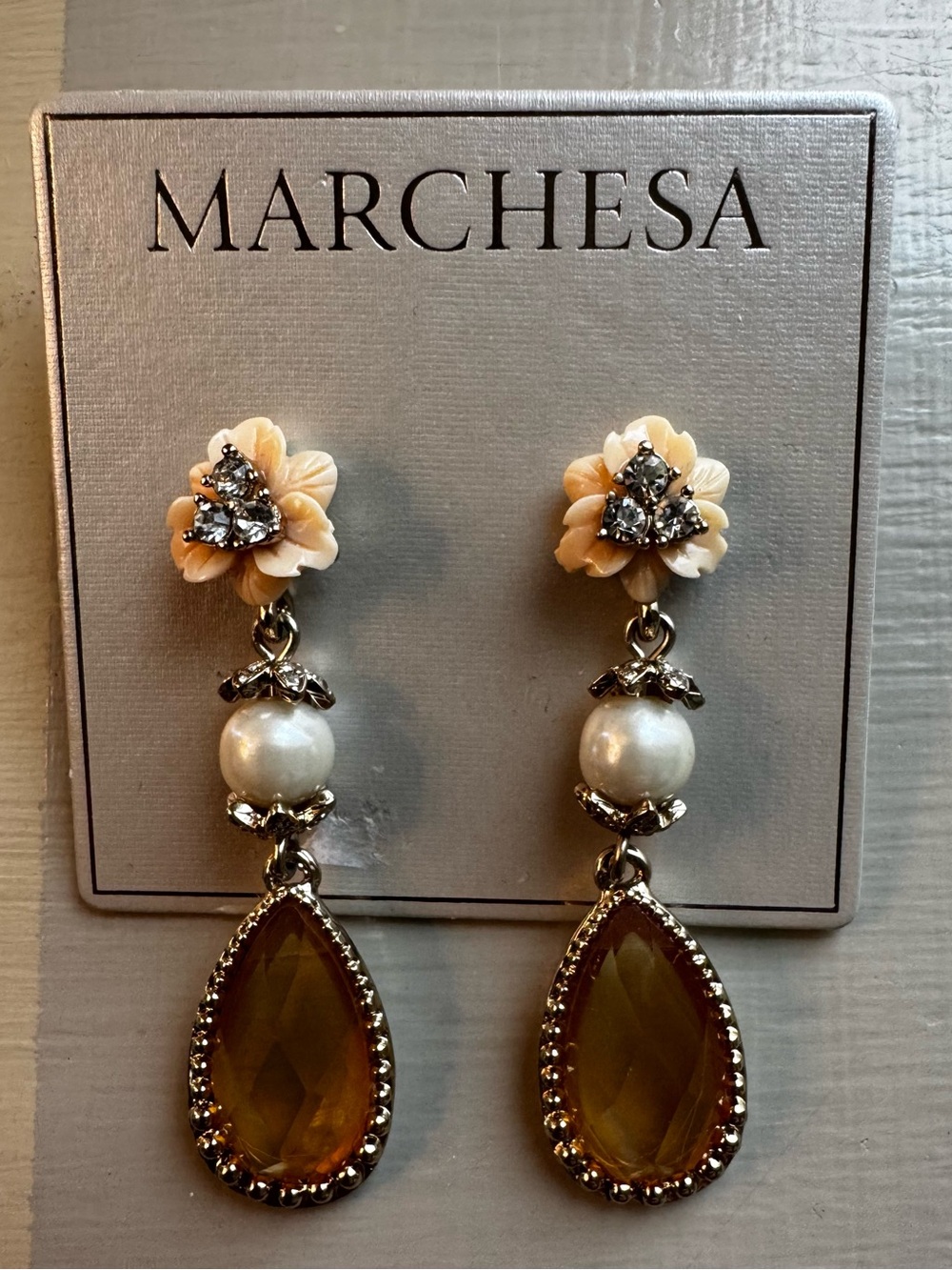 Marchesa Cream Floral Pearl Drop Earrings with Amber Teardrops